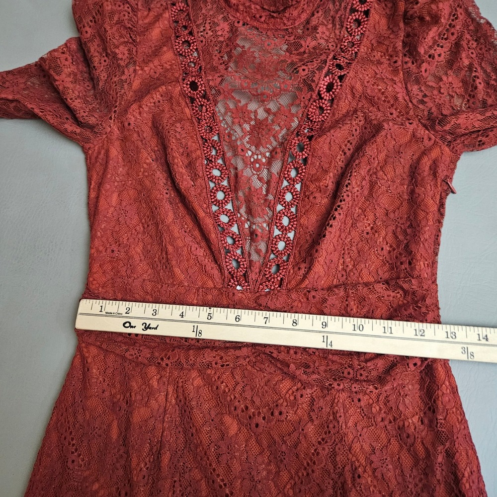 Saylor Celia Russet Lace Mock Neck Mini Dress Long Sleeve Puff Shoulder XS - Picture 8 of 10